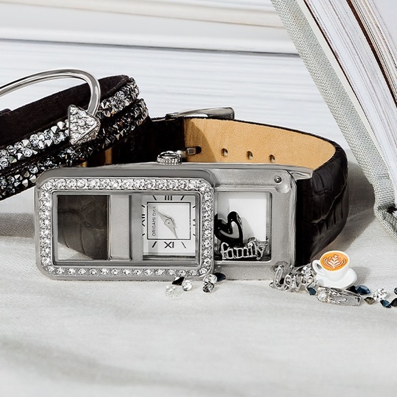 Origami Owl Signature Silver Locket WATCH Crystals Black Croc Leather Stainless - Picture 10 of 13